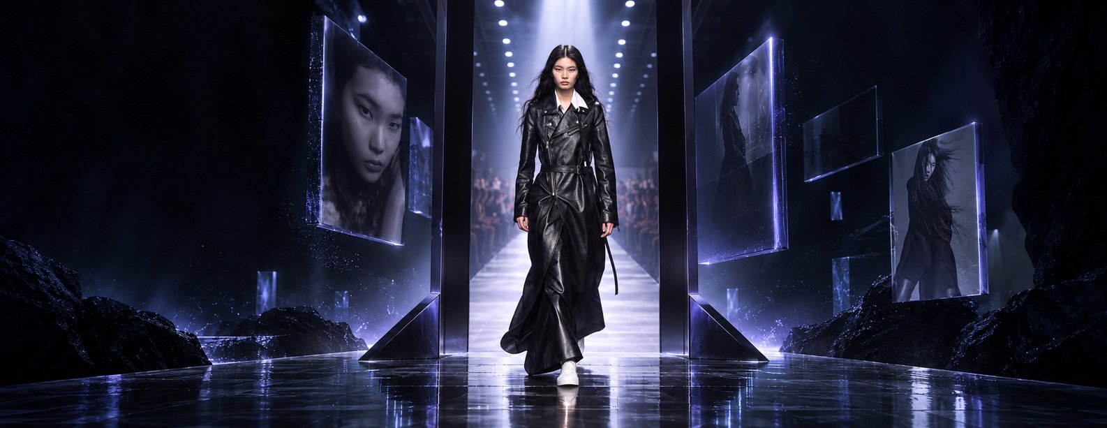 Sherry Shi walking a mirrored runway in a long black leather coat and white shoes, between tall illuminated glass panels.